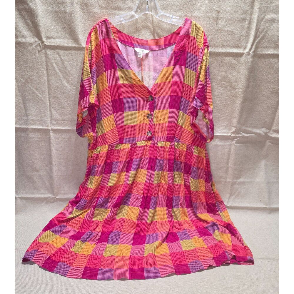 Terra&Sky Vibrant Madras Plaid Babydoll Dress with Pockets Pink Orange, Size 2XL